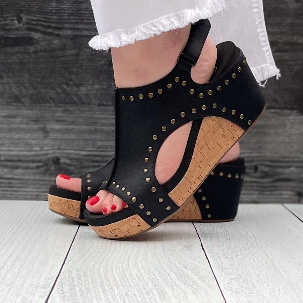 Corkys Footwear Carley Wedge Sandal Black Oil PU with Studs is a closet staple - Picture 5 of 11